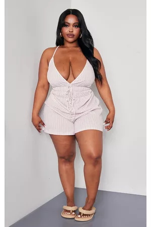 PRETTYLITTLETHING Women T-Shirts - Plus Pink Stripe Lace Up Front Romper