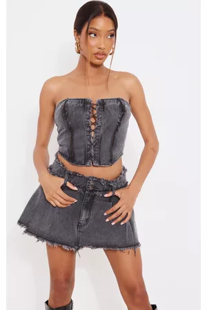 PRETTYLITTLETHING Women Lace-up Tops - Washed Black Distressed Edge Lace Front Denim Corset Top