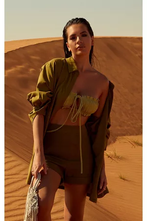 PRETTYLITTLETHING Women Oversized T-Shirts - Khaki Linen Look Oversized Shirt