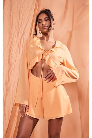 PRETTYLITTLETHING Women T-Shirts - Orange Chiffon Frill Tie Bust Detail Cut Out Romper