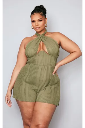 PRETTYLITTLETHING Women T-Shirts - Plus Olive Plisse Cross Front Romper