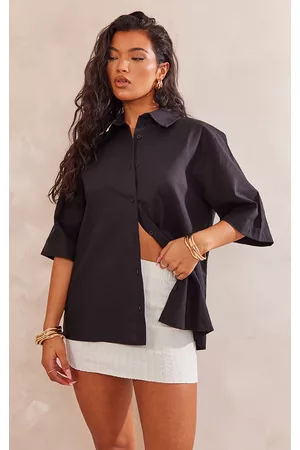 PRETTYLITTLETHING Women Short sleeved Shirts - Black Oversized Linen Feel Short Sleeve Shirt