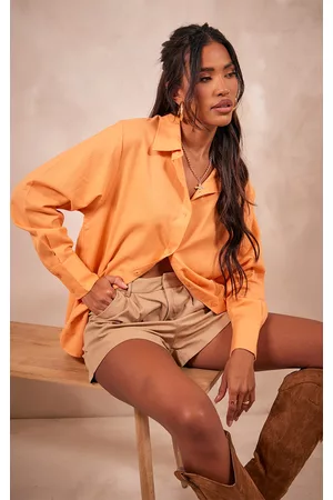 PRETTYLITTLETHING Women Oversized T-Shirts - Orange Linen Look Oversized Shirt