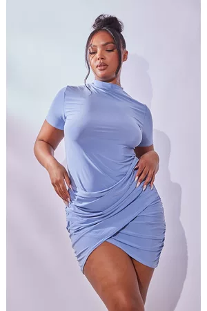 PRETTYLITTLETHING Women Bodycon Dresses - Plus Dusty Blue Short Sleeve Wrap Front Bodycon Dress