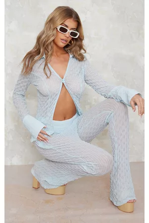 PRETTYLITTLETHING Women Long Sleeved Shirts - Pale Blue Mesh Textured Long Sleeve Open Collar Top