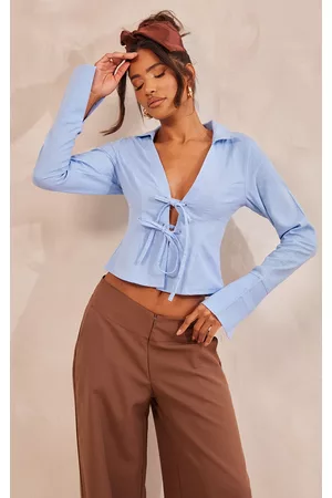 PRETTYLITTLETHING Women Shirts - Blue Grey Linen Look Lace Up Fitted Shirt