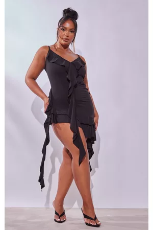 PRETTYLITTLETHING Women Midi Dresses - Plus Black Slinky Ruffle Detail Midi Dress