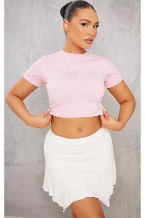 PRETTYLITTLETHING Women T-Shirts - Baby Pink Cotton Love Printed Fitted Crop T Shirt