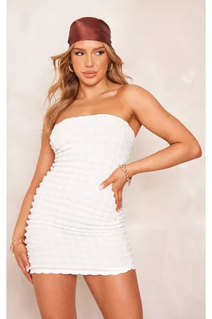 PRETTYLITTLETHING Women Bodycon Dresses - Shape White Textured Bandeau Bodycon Dress