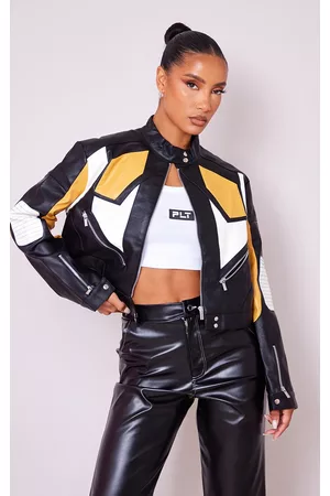 PRETTYLITTLETHING Women Leather Jackets - Black And Yellow Motocross Panel Detail Faux Leather Biker Jacket
