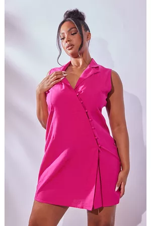 PRETTYLITTLETHING Women Graduation Dresses - Plus Bright Pink Linen Look Wrap Dress