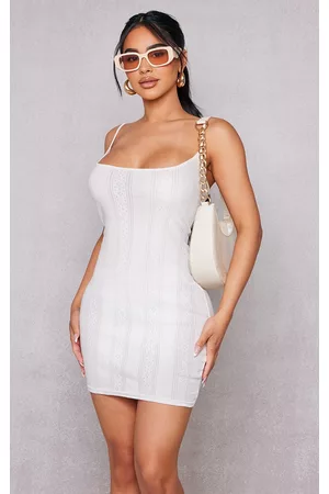 PRETTYLITTLETHING Women Bodycon Dresses - Petite White Pointelle Strappy Bodycon Dress
