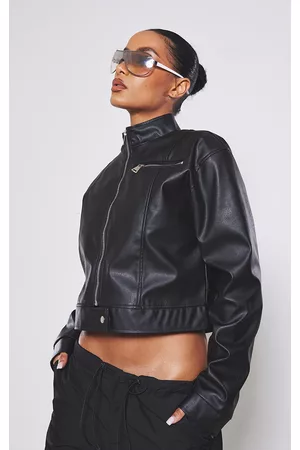 PRETTYLITTLETHING Women Leather Jackets - Black Pocket Detail Faux Leather Biker Jacket