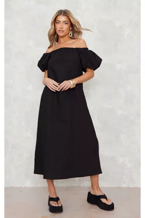 PRETTYLITTLETHING Women Puff Sleeve Dress - Black Woven Puff Sleeve Bardot Midaxi Dress