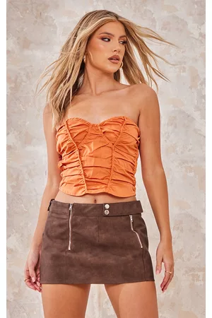 PRETTYLITTLETHING Women Corsets - Tangerine Exposed Seam Stitch Detail Woven Pleated Crop Corset