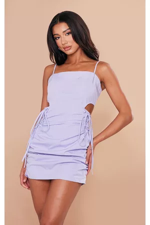 PRETTYLITTLETHING Women Ruched Bodycon Dresses - Lilac Woven Cut Out Side Ruched Bodycon Dress