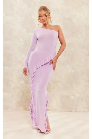 PRETTYLITTLETHING Women Graduation Dresses - Lilac Acetate Slinky One Shoulder Frill Detail Maxi Dress
