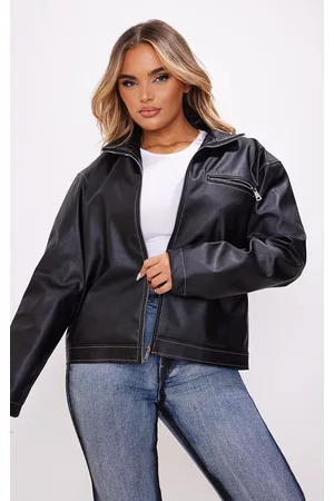 PRETTYLITTLETHING Women Leather Jackets - Black Contrast Stitch Faux Leather Oversized Biker Jacket