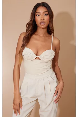 PRETTYLITTLETHING Women Corsets - Sand Linen Look Ruched Bust Shirring Back Corset