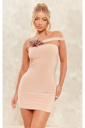 PRETTYLITTLETHING Women Ruched Bodycon Dresses - Stone Slinky Ruched Rosette Detail Bodycon Dress