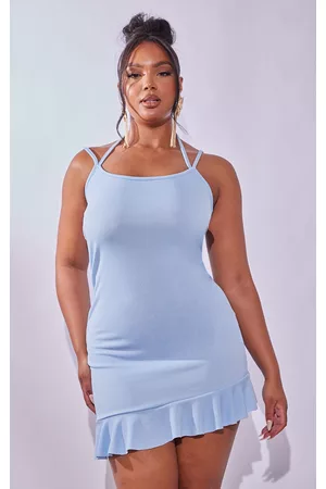 PRETTYLITTLETHING Women Bodycon Dresses - Plus Bright Blue Ruffle Hem Tie Neck Detail Bodycon Dress