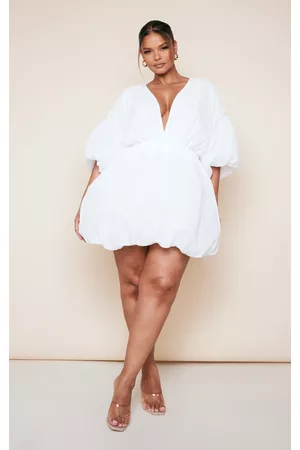 PRETTYLITTLETHING Women Shift Dresses - Plus White Textured Puffball Shift Dress