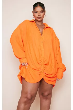 PRETTYLITTLETHING Women Graduation Dresses - Plus Orange Textured Gathered Detail Long Sleeve Shirt Dress