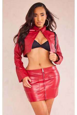 PRETTYLITTLETHING Women Leather Jackets - Shape Red Faux Leather Cropped Jacket