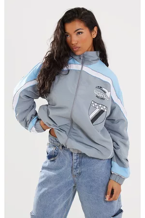 PRETTYLITTLETHING Women Jackets - Grey And Blue Contrast Stripe Shell Racer Jacket