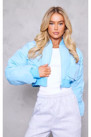 PRETTYLITTLETHING Women Bomber Jackets - Blue Cropped Ruched Sleeve Utility Pocket Bomber Jacket
