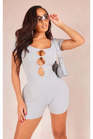 PRETTYLITTLETHING Women Playsuits & Rompers - Shape Light Grey Rib Cut Out Front Unitard
