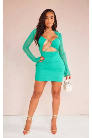 PRETTYLITTLETHING Women Mesh Bodycon Dresses - Shape Bright Green Mesh Lace Up Detail Overlay Bodycon Dress