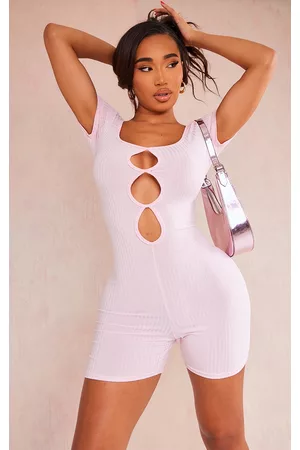 PRETTYLITTLETHING Women Playsuits & Rompers - Shape Light Pink Rib Cut Out Front Unitard