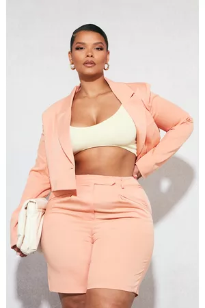 PRETTYLITTLETHING Women Blazers - Plus Peach Linen Look Crop Blazer