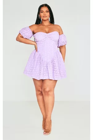 PRETTYLITTLETHING Women Puff Sleeve Dress - Plus Lilac Broderie Puff Sleeve Shift Dress