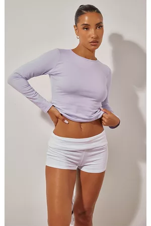 PRETTYLITTLETHING Women Long Sleeved T-Shirts - Lilac Cotton Basic Long Sleeve Longline T Shirt