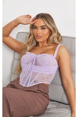 PRETTYLITTLETHING Women Corsets - Lilac Mesh Overlay Lace Insert Boned Double Strap Corset