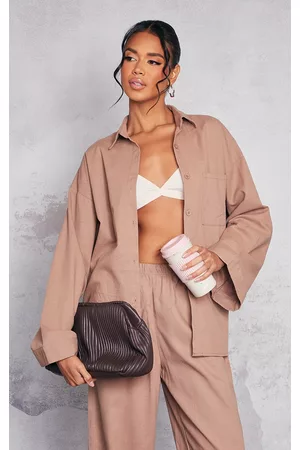 PRETTYLITTLETHING Women Oversized T-Shirts - Mocha Linen Look Oversized Pocket Front Shirt