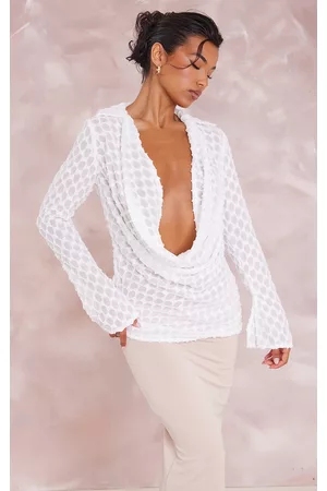 PRETTYLITTLETHING Women Shirts - White Textured Woven Plunge Split Sleeve Shirt