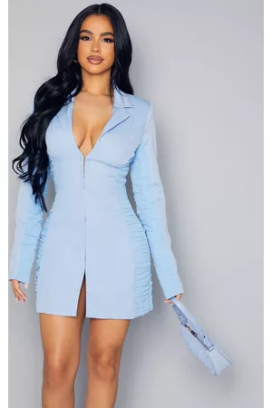PRETTYLITTLETHING Women Bodycon Dresses - Petite Blue Ruched Detail Fitted Blazer Dress