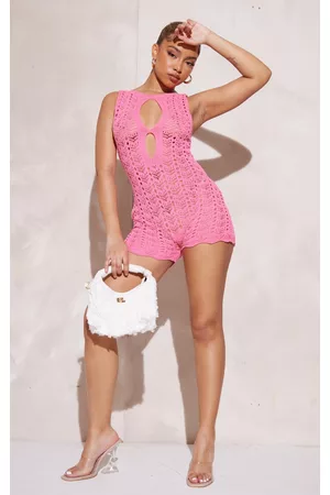 PRETTYLITTLETHING Women T-Shirts - Petite Hot Pink Knitted Cut Out Romper