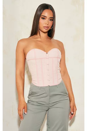 PRETTYLITTLETHING Women Corsets - Baby Pink Broderie Anglaise Boned Button Detail Corset
