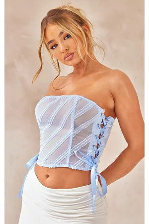 PRETTYLITTLETHING Women Corsets - Dusty Blue Textured Sheer Ribbon Eyelet Lace Up Side Corset
