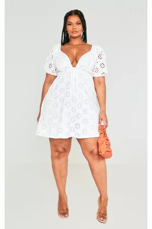 PRETTYLITTLETHING Women Puff Sleeve & Puff Shoulder Dresses - Plus White Broderie Anglaise Puff Sleeve Shift Dress