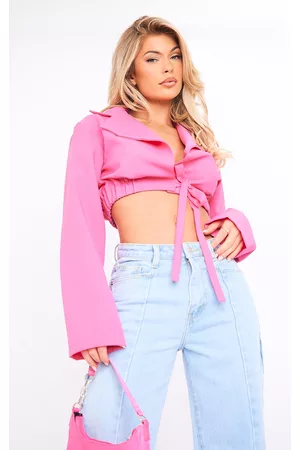 PRETTYLITTLETHING Women Blazers - Bright Pink Basic Ruched Hem Tie Front Cropped Blazer