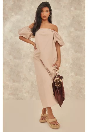 PRETTYLITTLETHING Women Puff Sleeve & Puff Shoulder Dresses - Desert Sand Woven Puff Sleeve Bardot Midaxi Dress