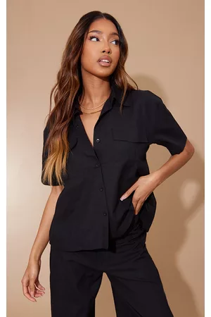 PRETTYLITTLETHING Women Short sleeved Shirts - Black Linen Look Pocket Front Short Sleeve Oversized Shirt