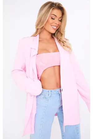 PRETTYLITTLETHING Women Oversized Blazers - Light Pink Linen Look Oversized Drapey Button Detail Blazer