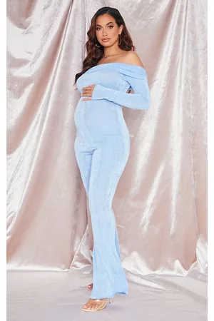 PRETTYLITTLETHING Women Off the shoulder Jumpsuits - Maternity Baby Blue Slinky Off The Shoulder Jumpsuit