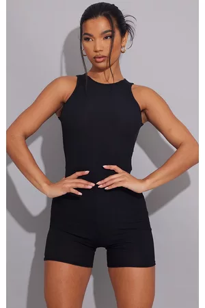PRETTYLITTLETHING Women Playsuits & Rompers - Black Ribbed Racer Neck Unitard